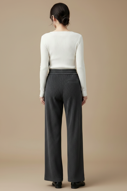 Pantalon Velours Côtelé Ample Gris Taille Haute Femme - Cordé - vue 2