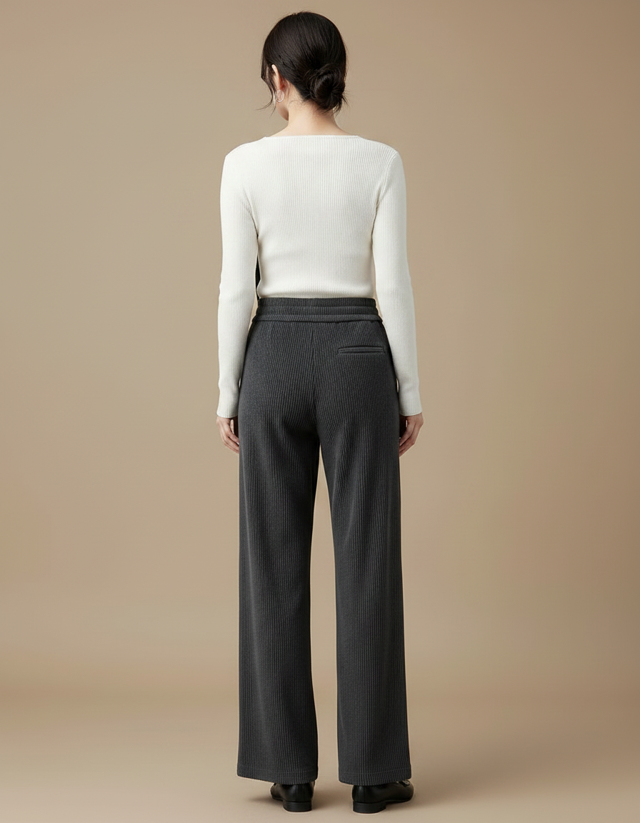 Pantalon Velours Côtelé Ample Gris Taille Haute Femme - Cordé - vue 2