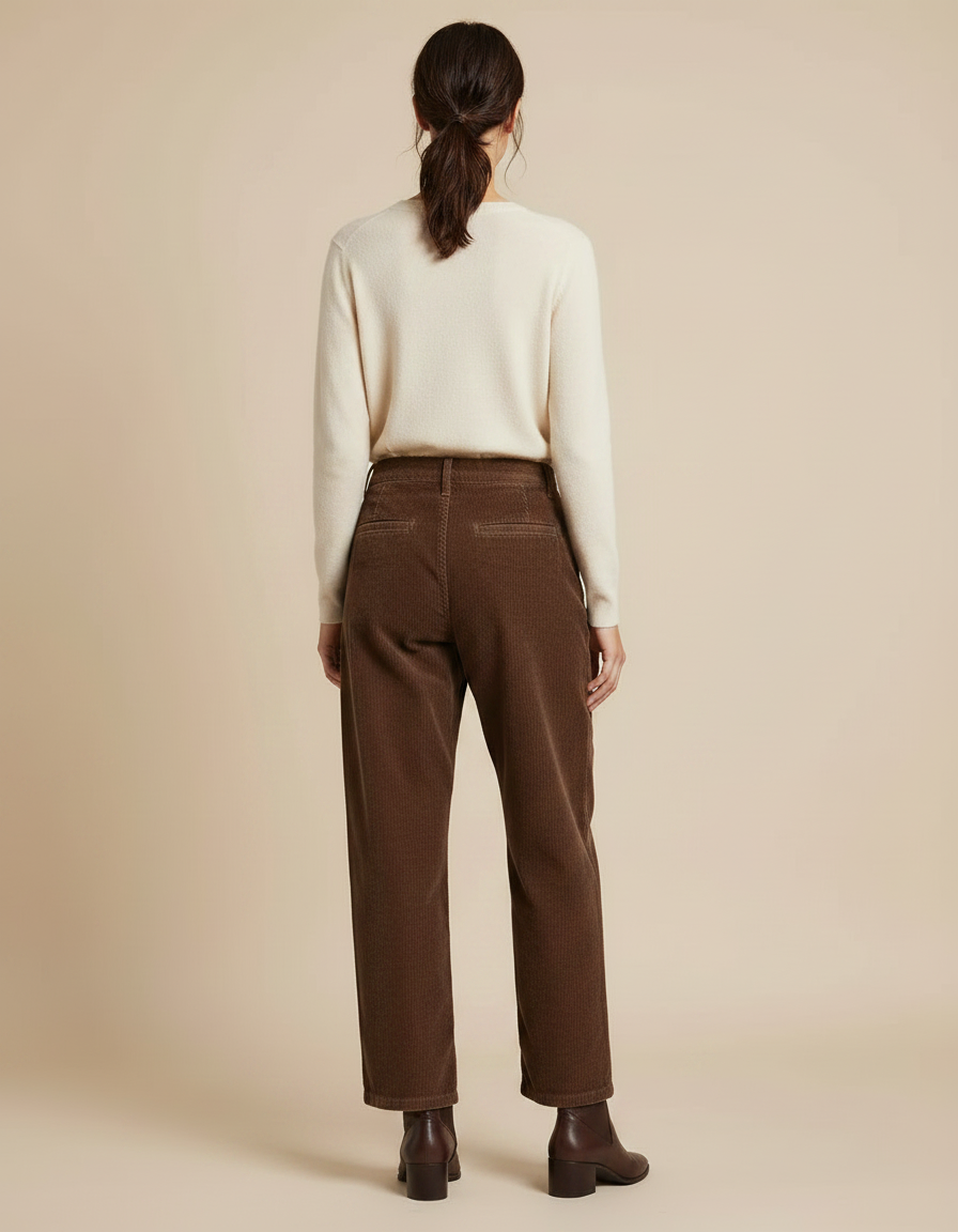 Pantalon Velours Côtelé Marron Taille Haute Ample - Cordé - vue 2