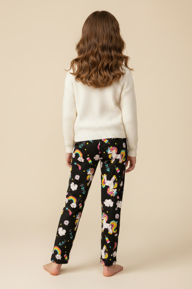 Pantalon Velours Noir Licorne Arc-en-ciel Fille Doux - Imprimé - vue 2