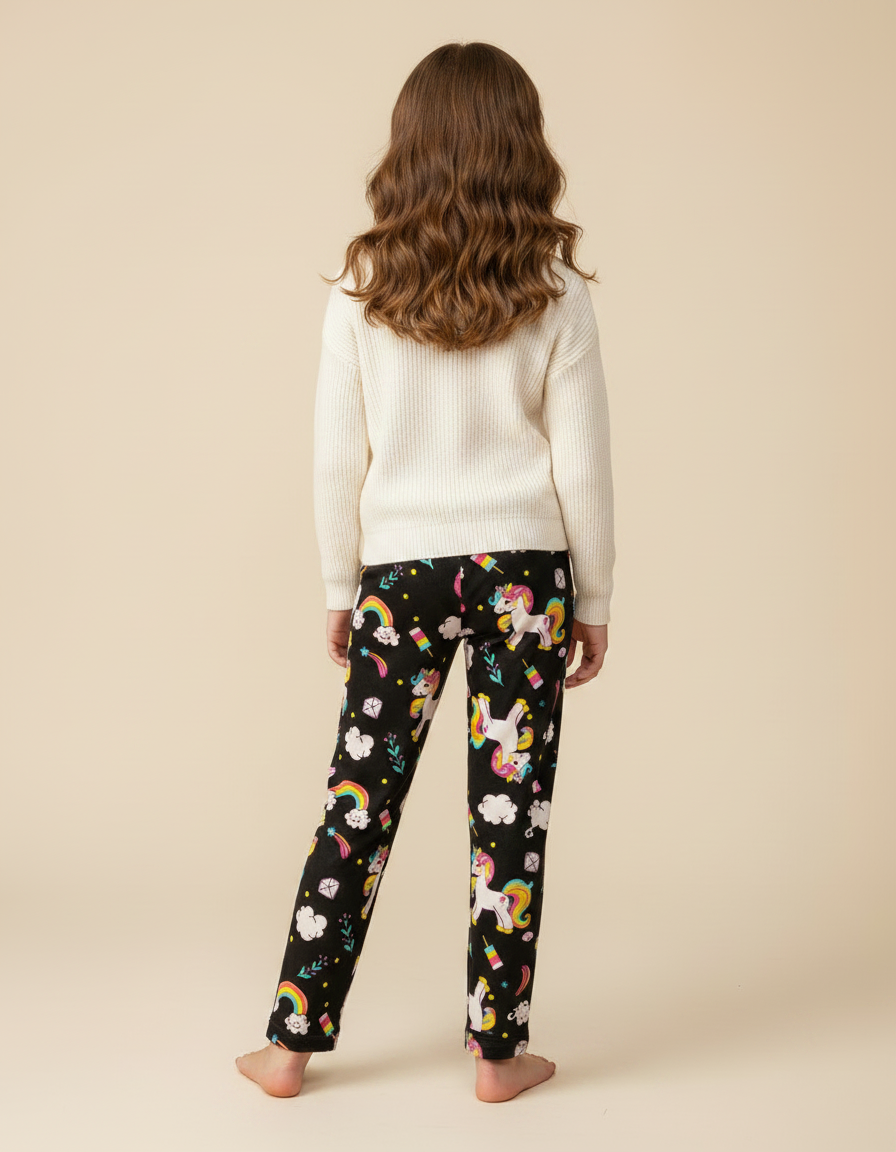 Pantalon Velours Noir Licorne Arc-en-ciel Fille Doux - Imprimé - vue 2