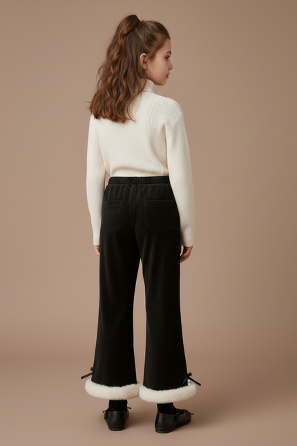 Pantalon Velours Noir Côtelé Évasé Fourrure Fille Hiver - Cordé - vue 2