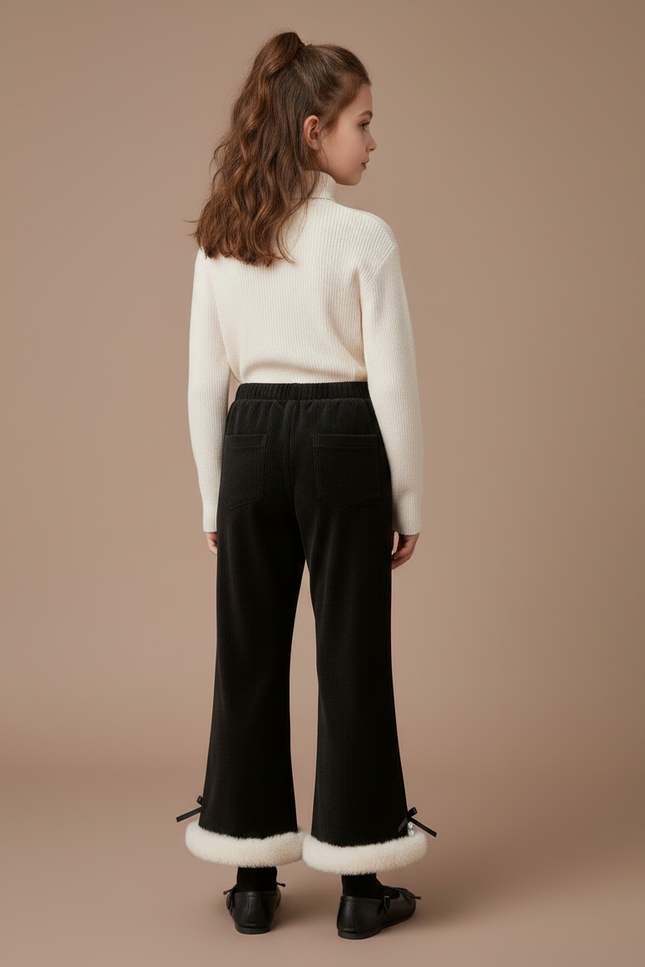 Pantalon Velours Noir Côtelé Évasé Fourrure Fille Hiver - Cordé - vue 2