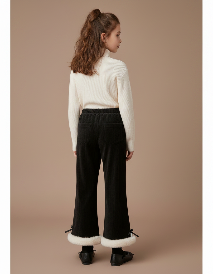 Pantalon Velours Noir Côtelé Évasé Fourrure Fille Hiver - Cordé - vue 2