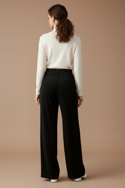 Pantalon Velours Côtelé Noir Large Ample Élégant - Cordé - vue 2
