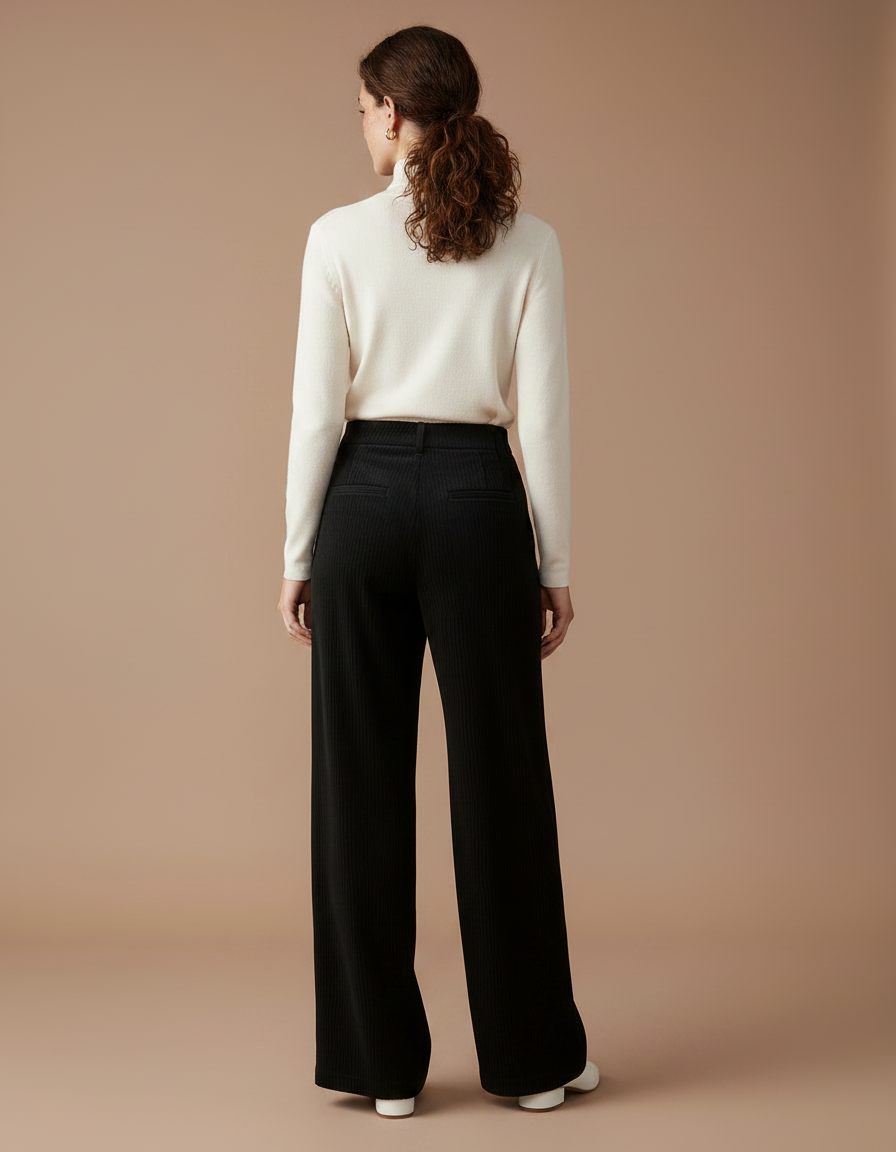 Pantalon Velours Côtelé Noir Large Ample Élégant - Cordé - vue 2