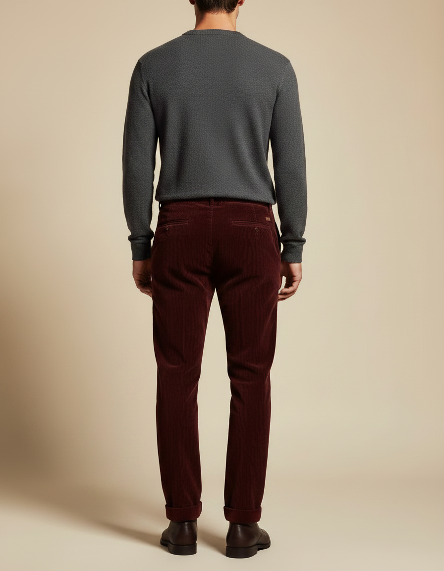 Pantalon Velours Côtelé Bordeaux Homme Droit Élégant - Cordé - vue 2