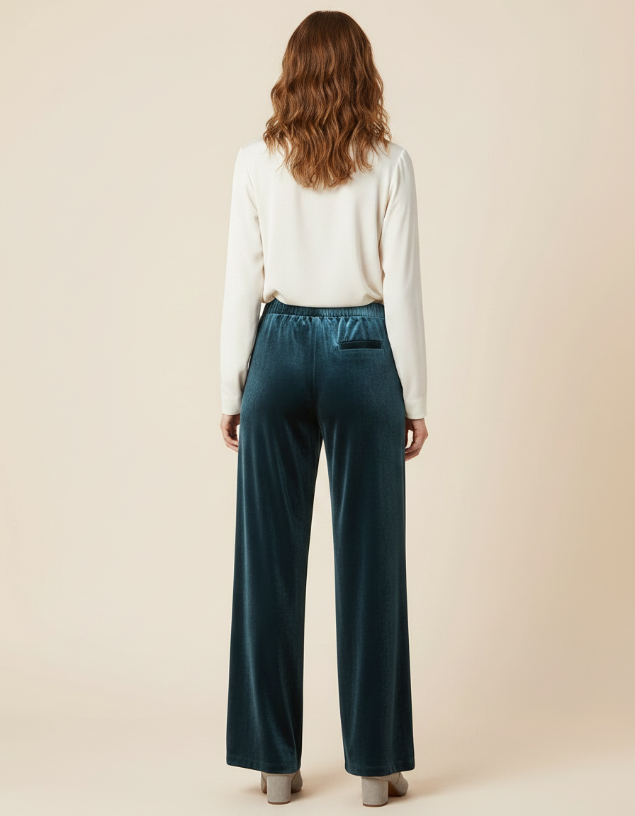 Pantalon Velours Vert Émeraude Fluide Ample Élégant Femme - vue 2