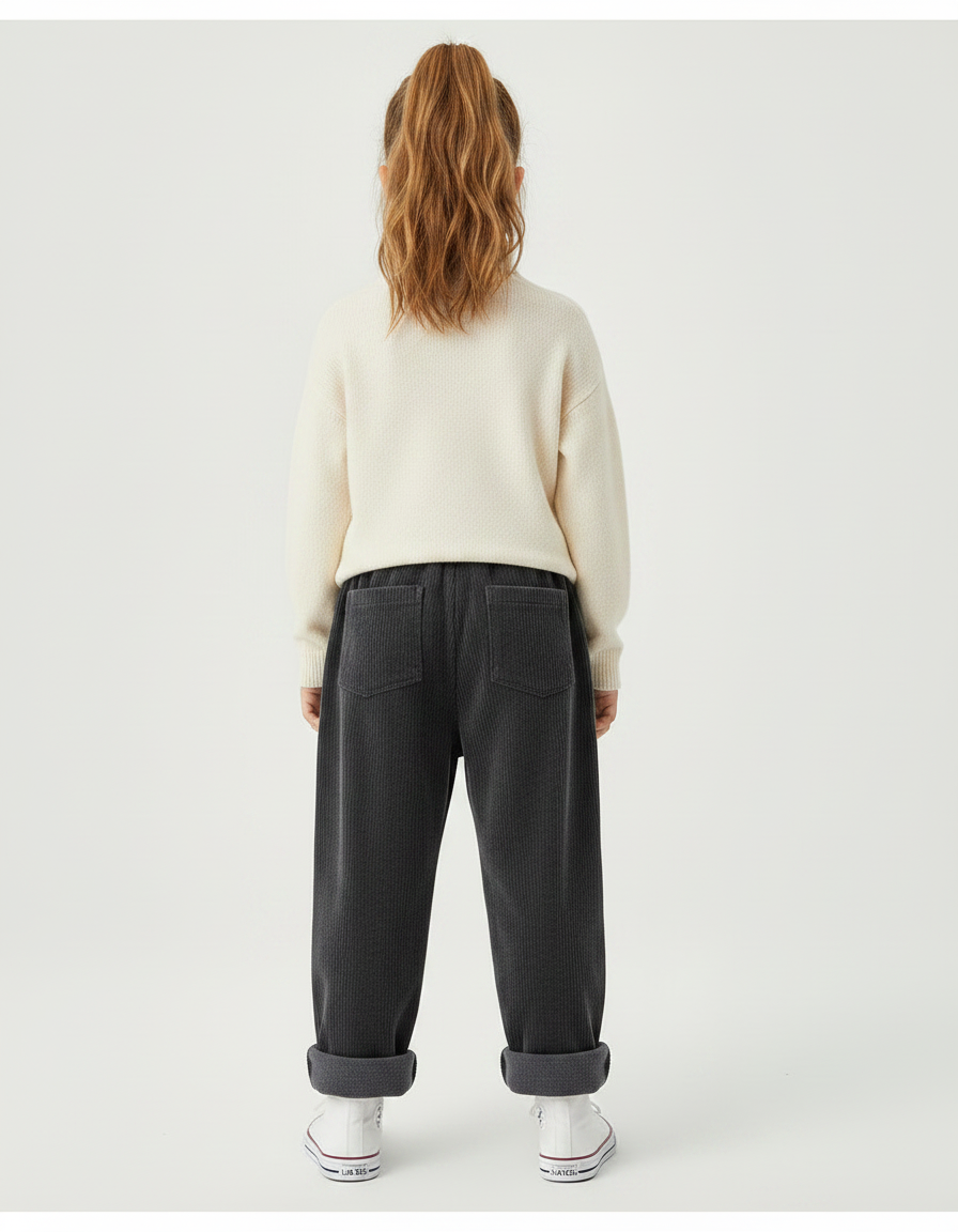 Pantalon Velours Gris Côtelé Ample Décontracté Fille Hiver - Cordé - vue 2
