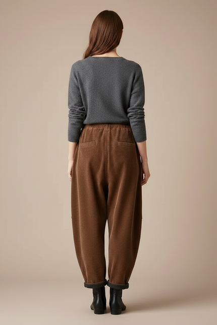 Pantalon Velours Côtelé Marron Ample Décontracté Cordon - Cordé - vue 2