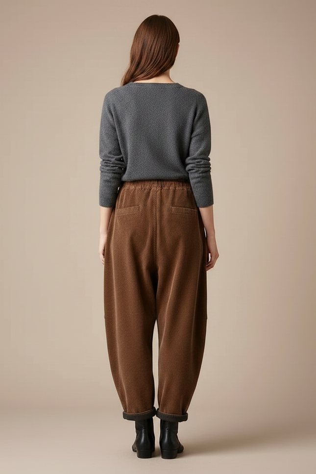 Pantalon Velours Côtelé Marron Ample Décontracté Cordon - Cordé - vue 2