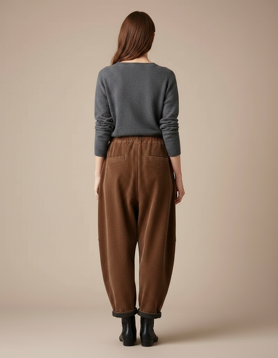 Pantalon Velours Côtelé Marron Ample Décontracté Cordon - Cordé - vue 2