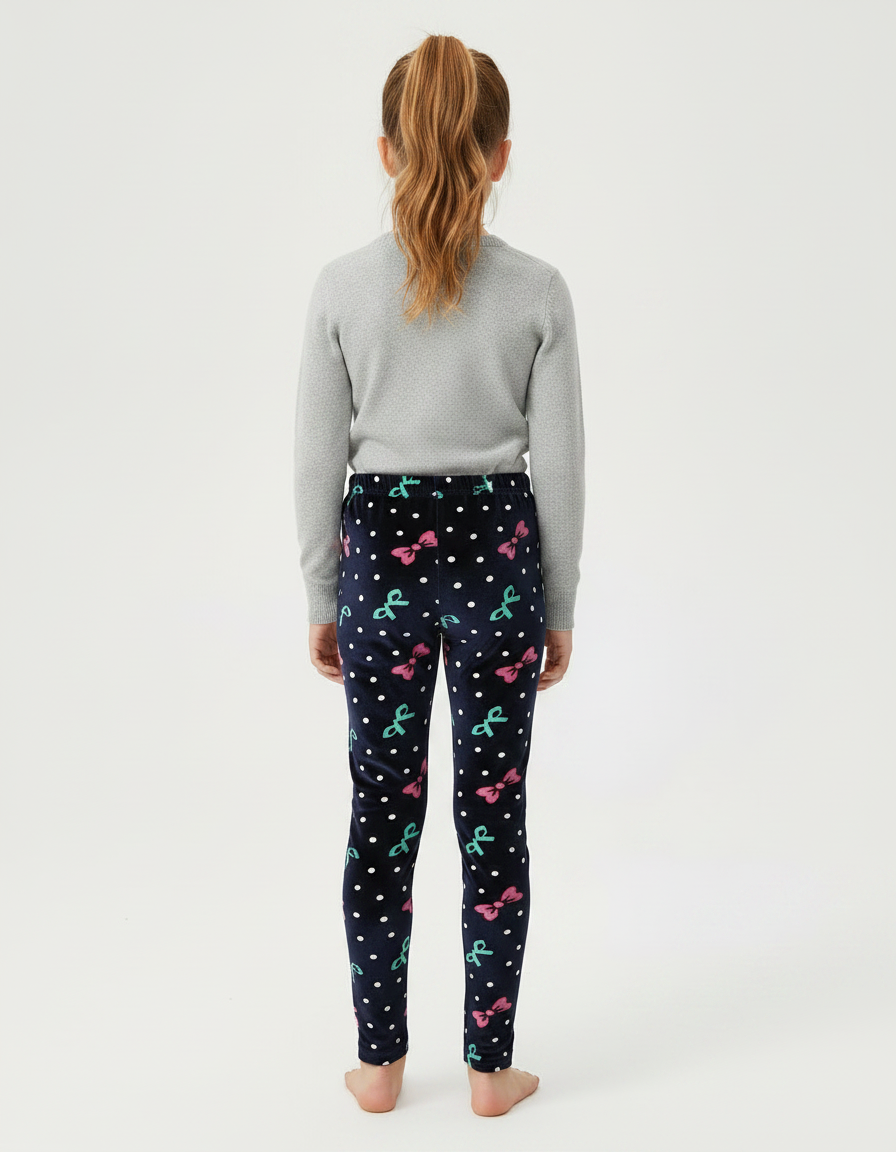 Pantalon Velours Bleu Marine Imprimé Nœuds Fille - vue 2