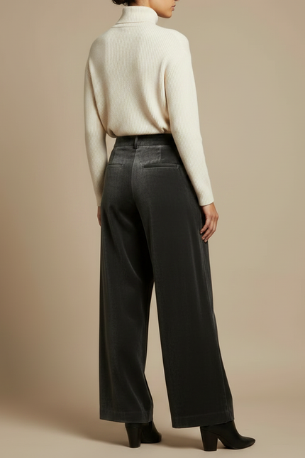 Pantalon Velours Gris Plissé Ample Femme Chic - vue 2