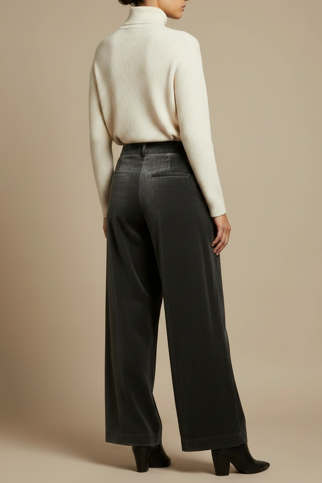 Pantalon Velours Gris Plissé Ample Femme Chic - vue 2