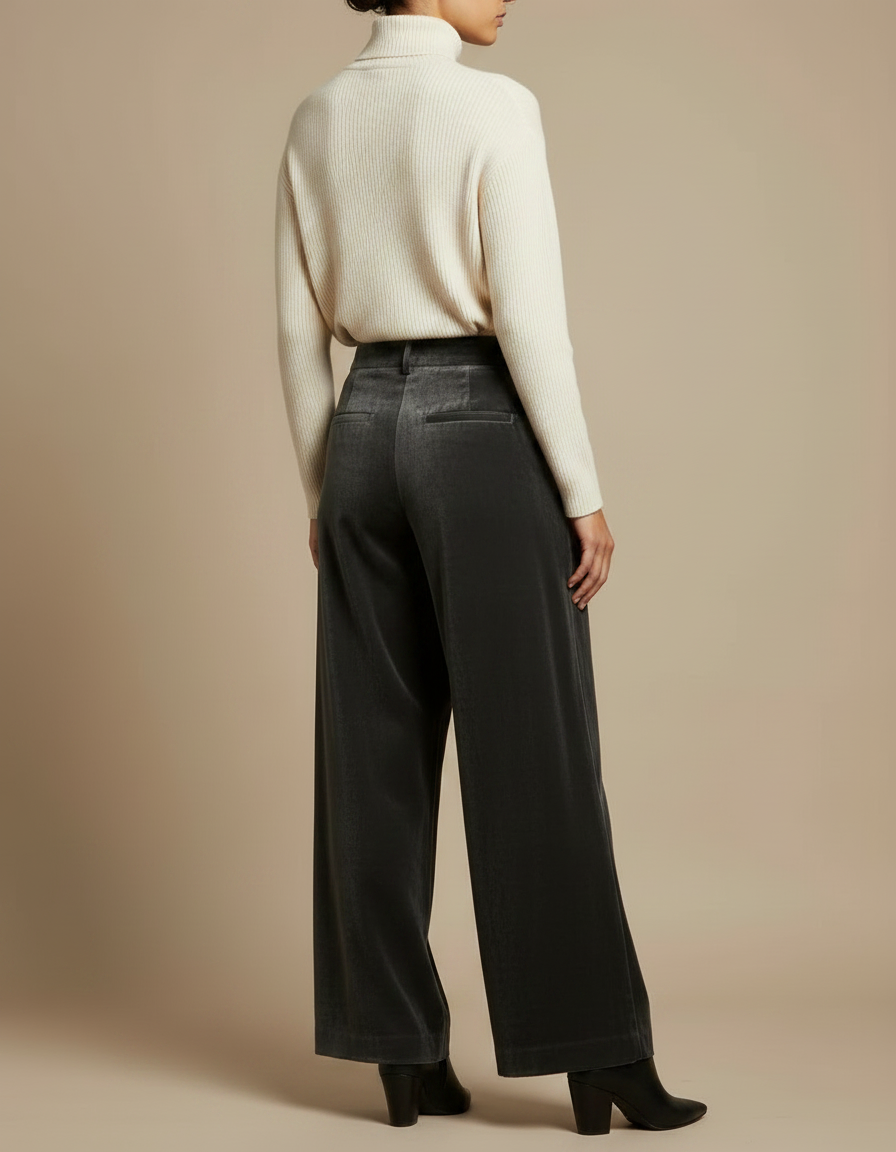Pantalon Velours Gris Plissé Ample Femme Chic - vue 2