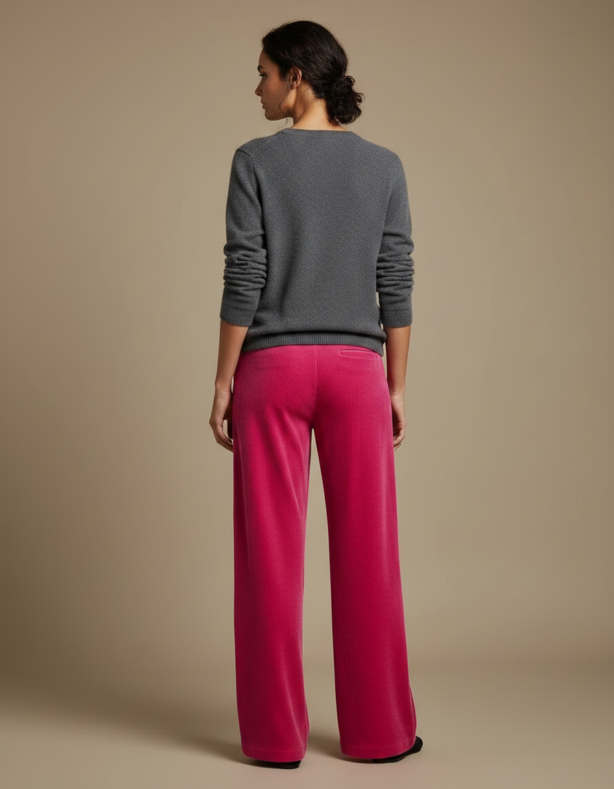 Pantalon Velours Fuchsia Côtelé Large Décontracté Femme - Rose Cordé - vue 2