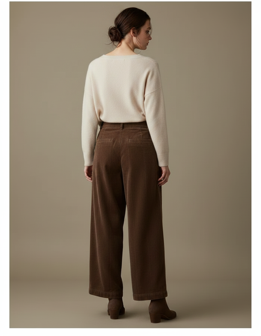 Pantalon Velours Marron Côtelé Large Décontracté Femme - Cordé - vue 2