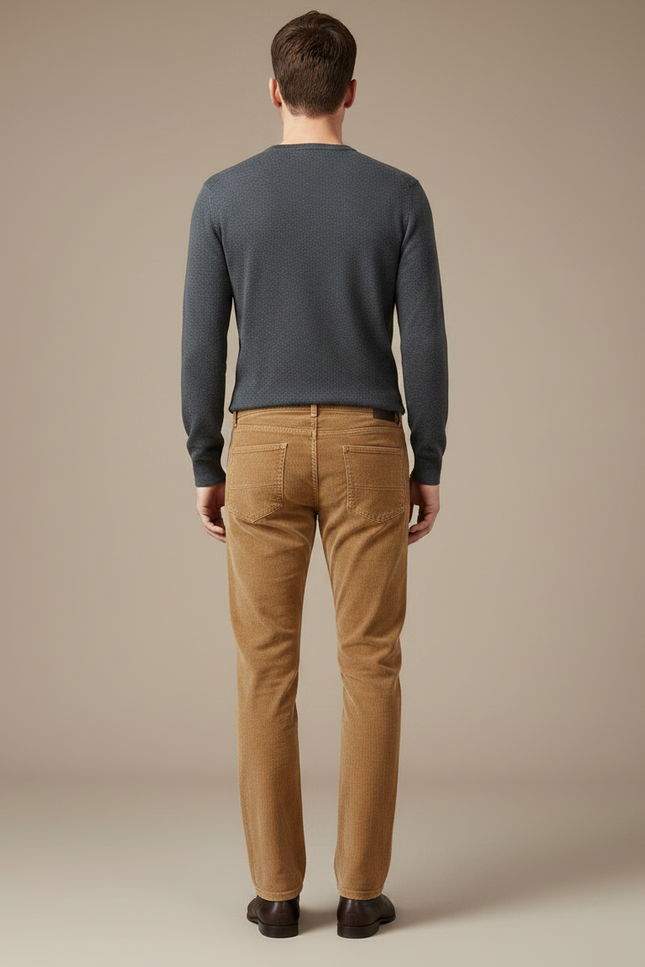 Pantalon Velours Côtelé Marron Coupe Droite Homme Chic - Camel Cordé - vue 2