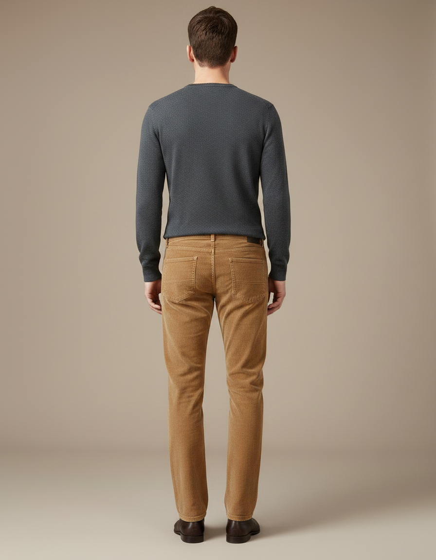 Pantalon Velours Côtelé Marron Coupe Droite Homme Chic - Camel Cordé - vue 2