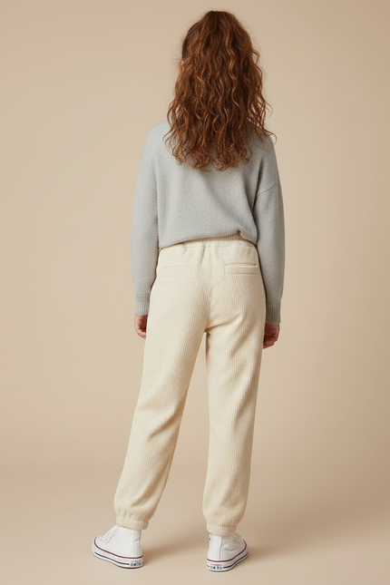 Pantalon Velours Côtelé Écru Ample Cœur Fille - Beige Cordé - vue 2