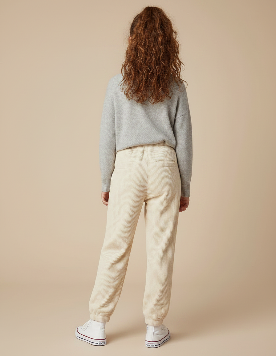 Pantalon Velours Côtelé Écru Ample Cœur Fille - Beige Cordé - vue 2
