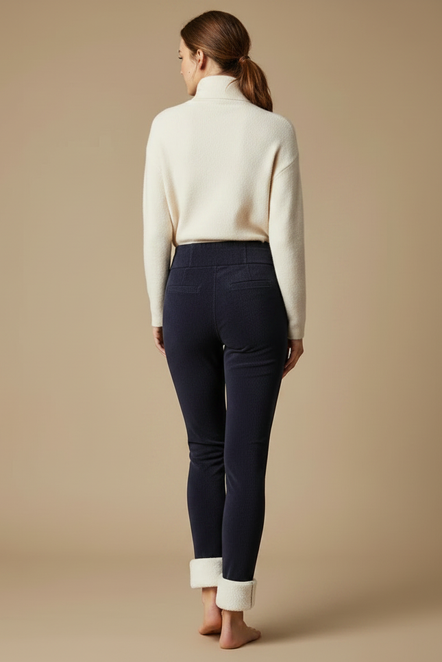 Pantalon Velours Marine Côtelé Taille Haute Doublé Polaire - Cordé - vue 2