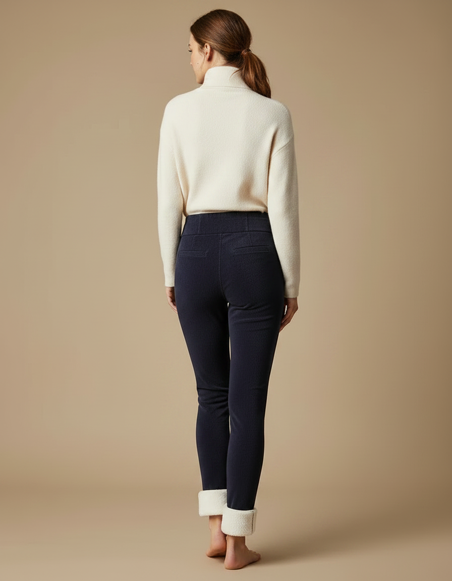 Pantalon Velours Marine Côtelé Taille Haute Doublé Polaire - Cordé - vue 2