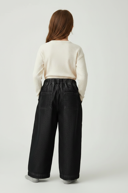 Pantalon Velours Fille Noir Large Côtelé Fin - Cordé - vue 2