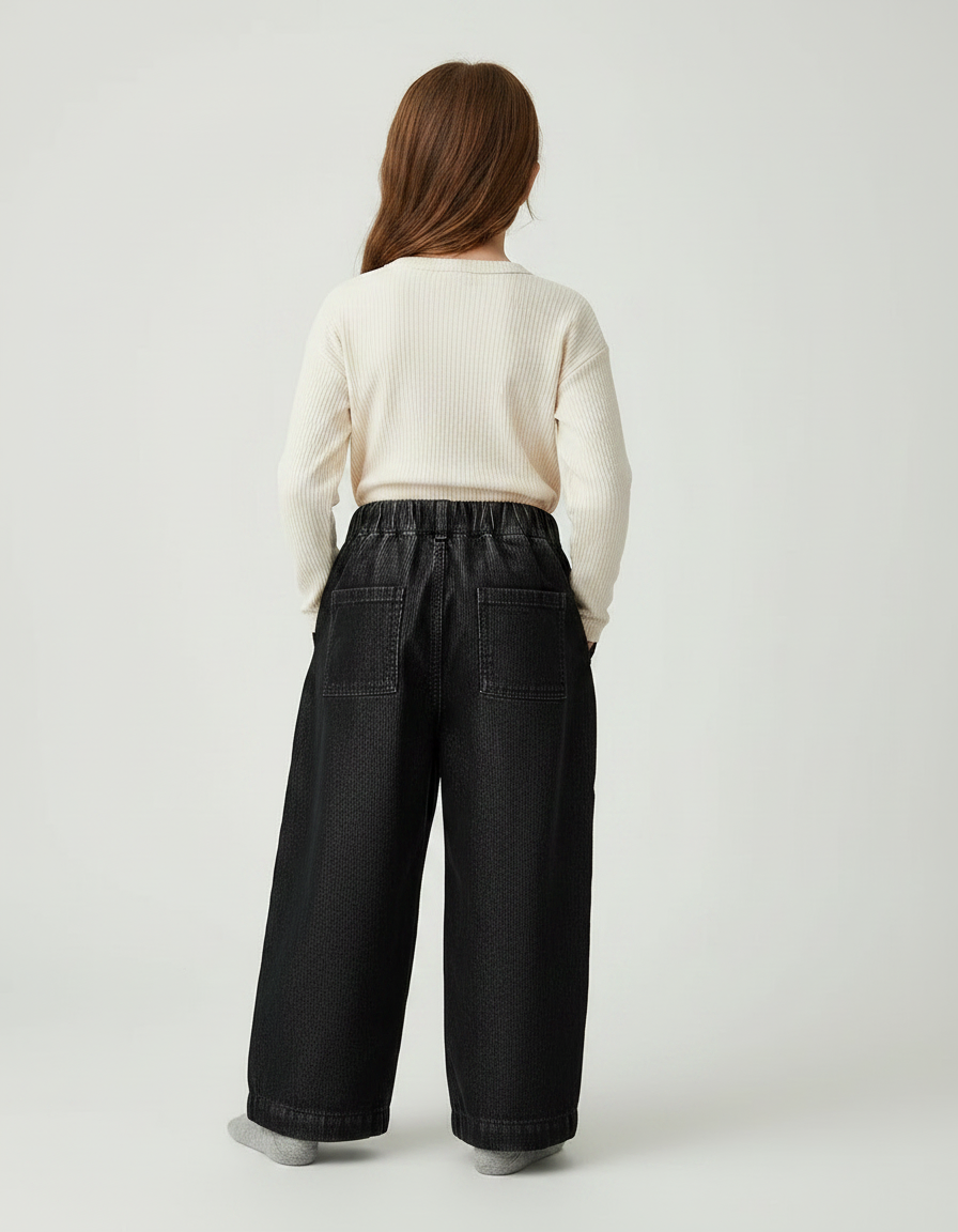 Pantalon Velours Fille Noir Large Côtelé Fin - Cordé - vue 2