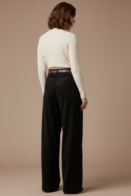 Pantalon Velours Noir Ample Taille Haute Élégant - vue 2