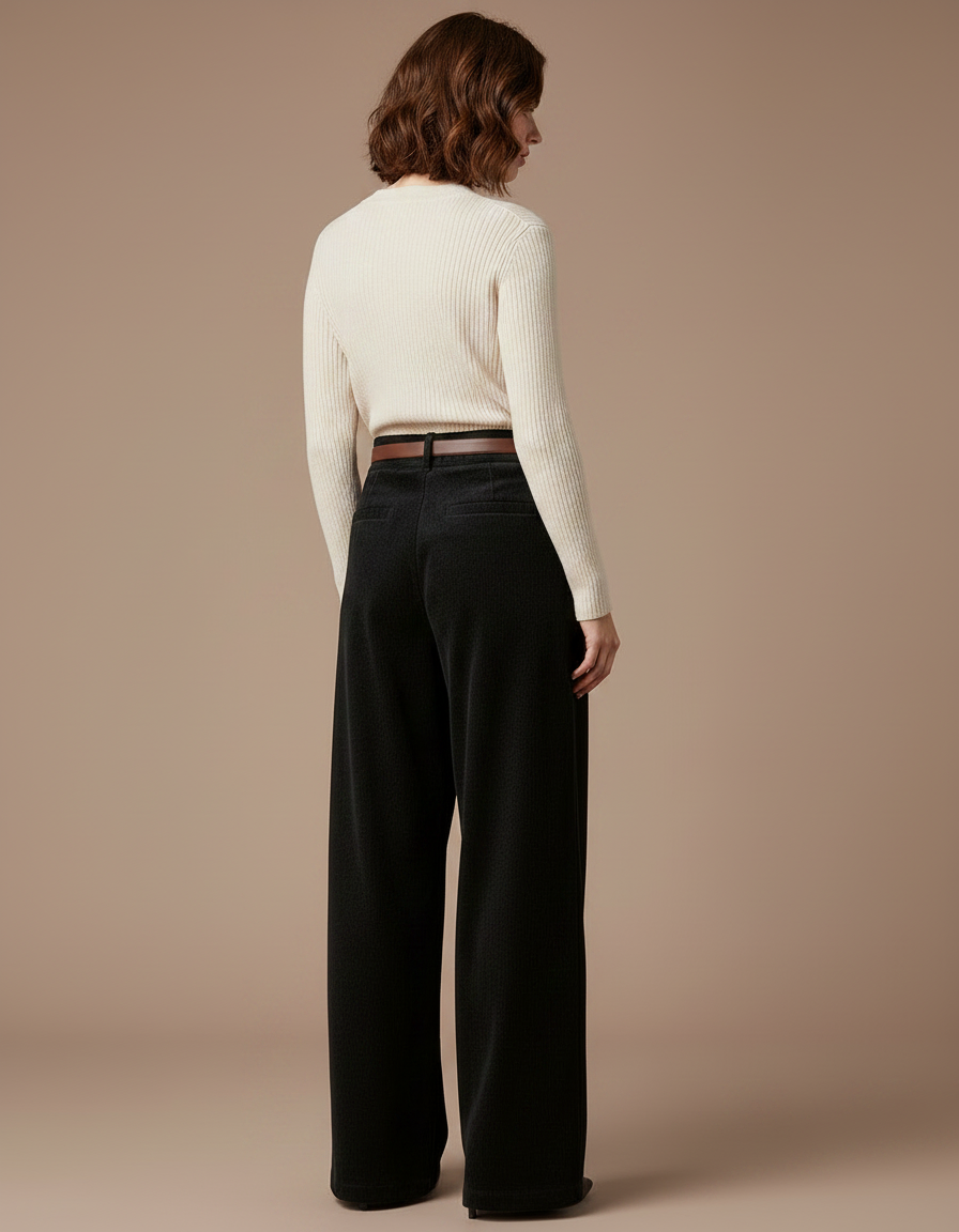Pantalon Velours Noir Ample Taille Haute Élégant - vue 2