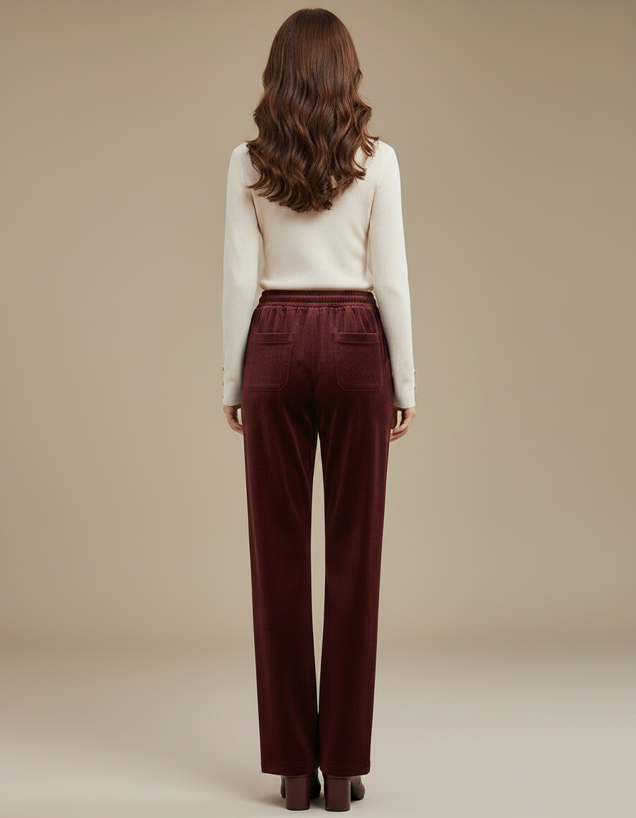 Pantalon Velours Côtelé Bordeaux Ample Taille Haute Femme - Cordé - vue 2