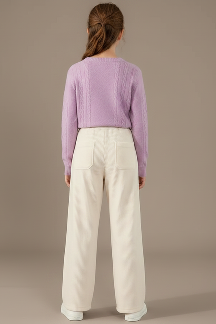 Pantalon Velours Crème Côtelé Ample Fille Décontracté - Beige Cordé - vue 2