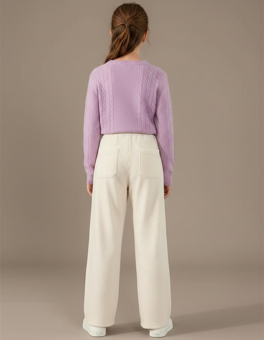Pantalon Velours Crème Côtelé Ample Fille Décontracté - Beige Cordé - vue 2