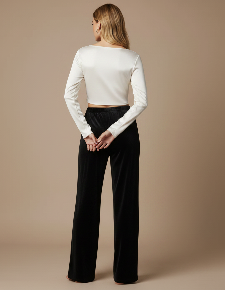 Pantalon Velours Femme Noir Large Lisse - vue 2