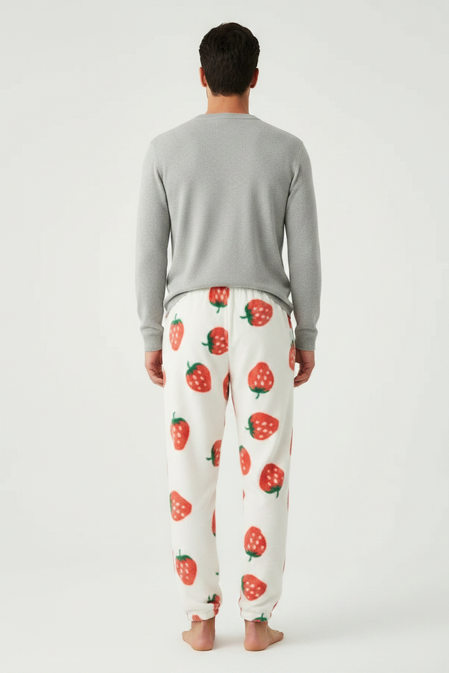 Pantalon Velours Blanc Fraises Ample Doux Homme - Imprimé Molleton - vue 2