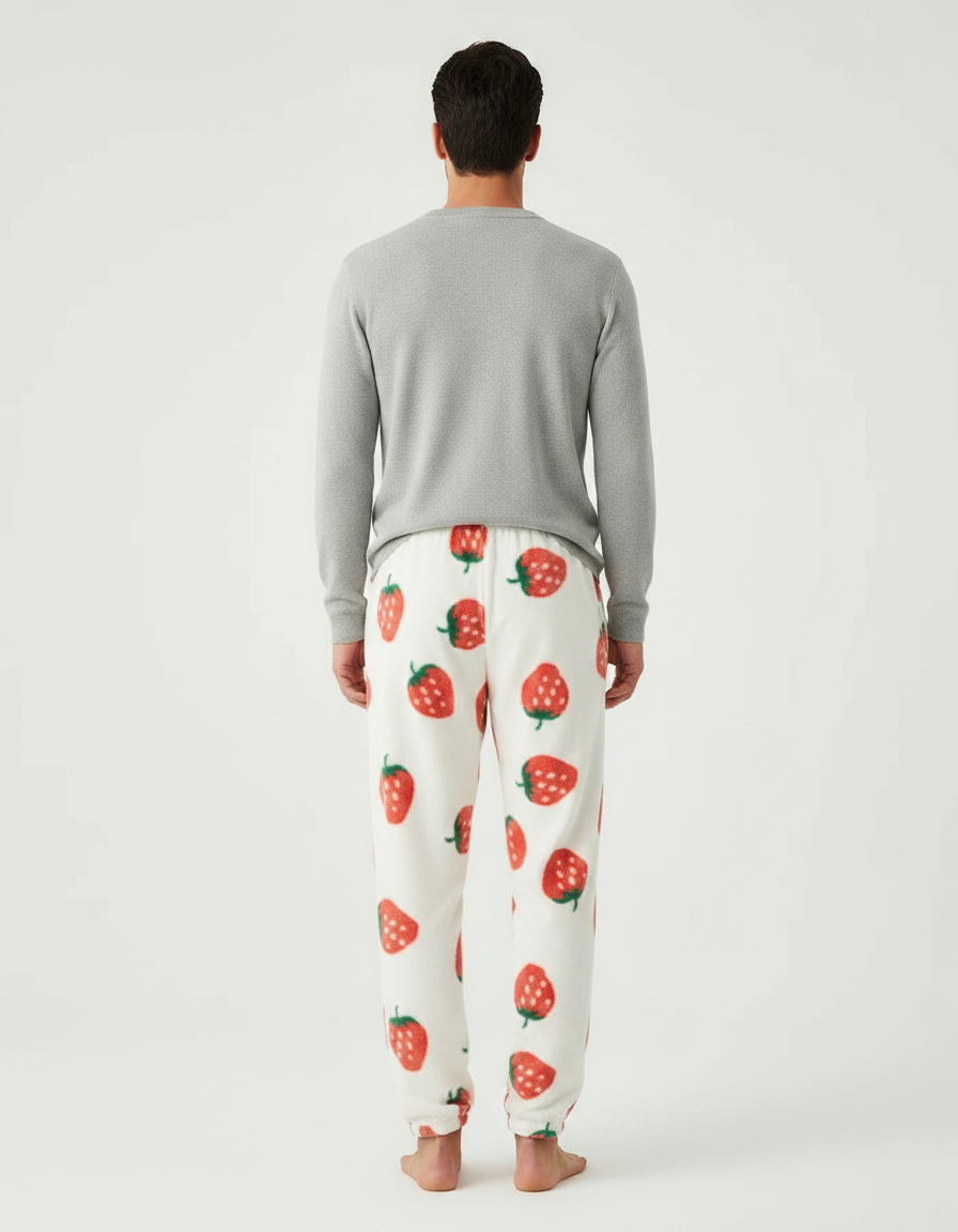 Pantalon Velours Blanc Fraises Ample Doux Homme - Imprimé Molleton - vue 2