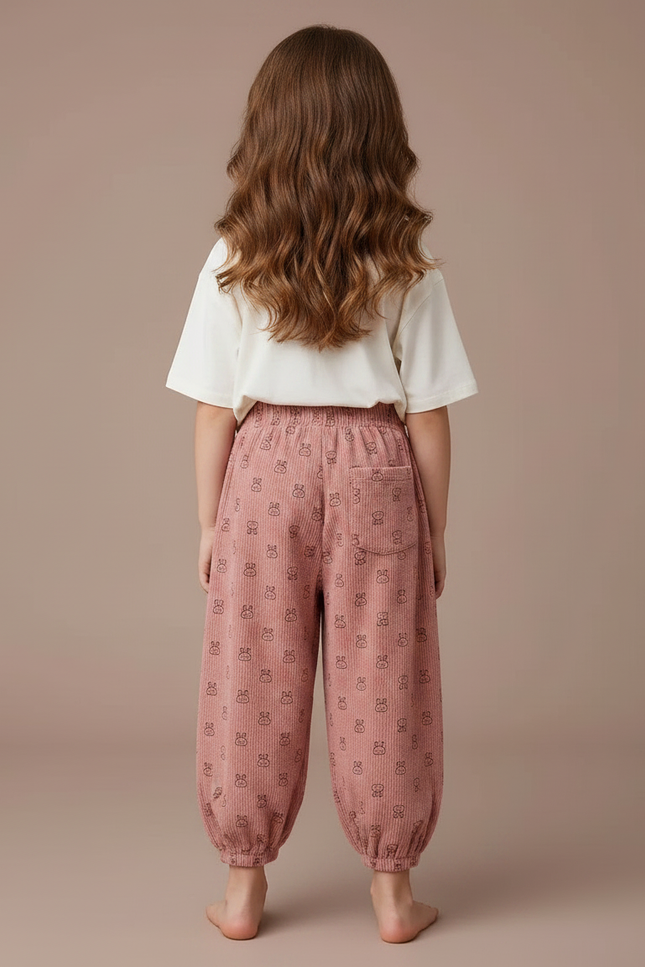 Pantalon Velours Rose Côtelé Ample Imprimé Lapin Fille - vue 2