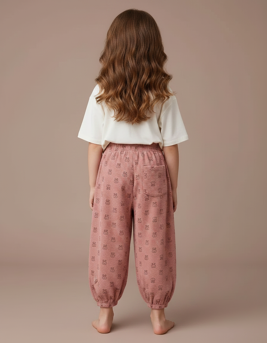 Pantalon Velours Rose Côtelé Ample Imprimé Lapin Fille - vue 2