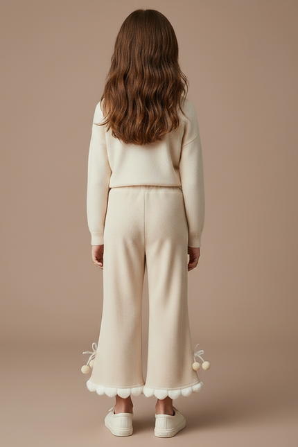 Pantalon Velours Écru Évasé Pompons Fille - Beige Cordé - vue 2