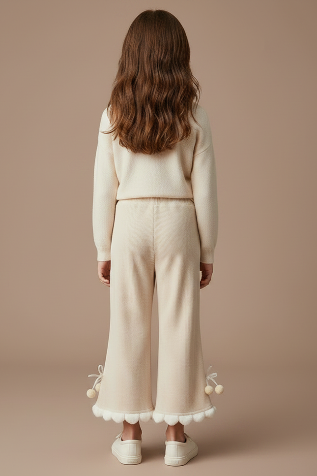 Pantalon Velours Écru Évasé Pompons Fille - Beige Cordé - vue 2
