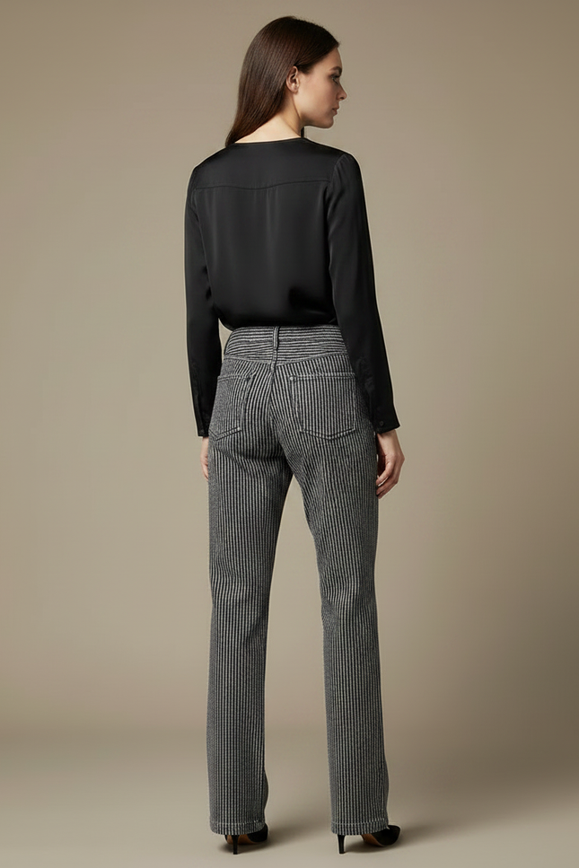 Pantalon Velours Rayé Noir Ample Décontracté Femme - Gris Cordé - vue 2