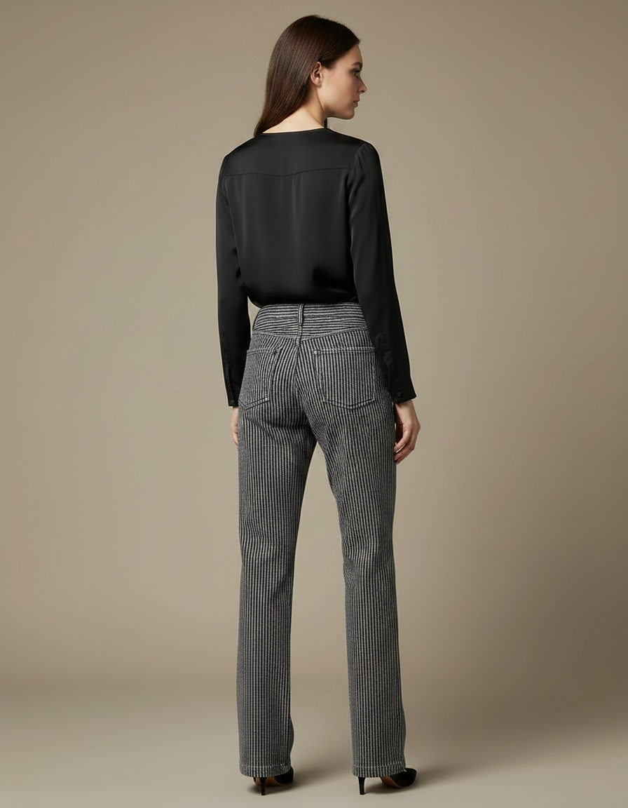 Pantalon Velours Rayé Noir Ample Décontracté Femme - Gris Cordé - vue 2