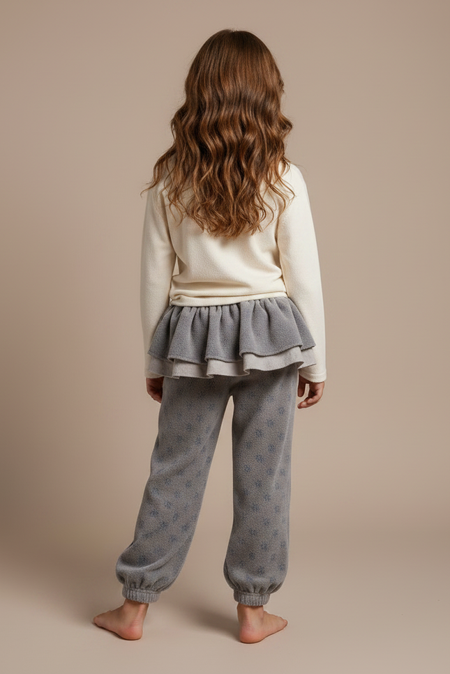 Pantalon Velours Gris Molletonné Volants Imprimé Fille - vue 2