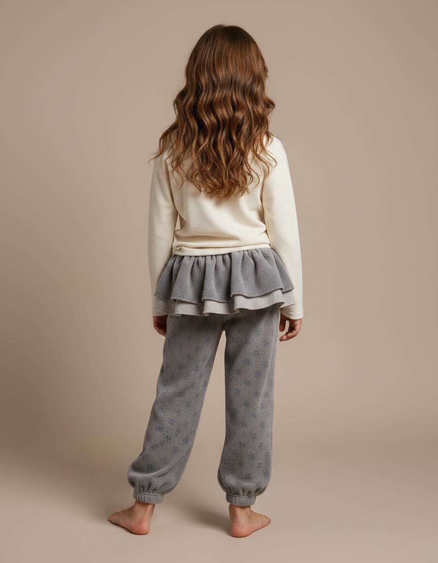 Pantalon Velours Gris Molletonné Volants Imprimé Fille - vue 2