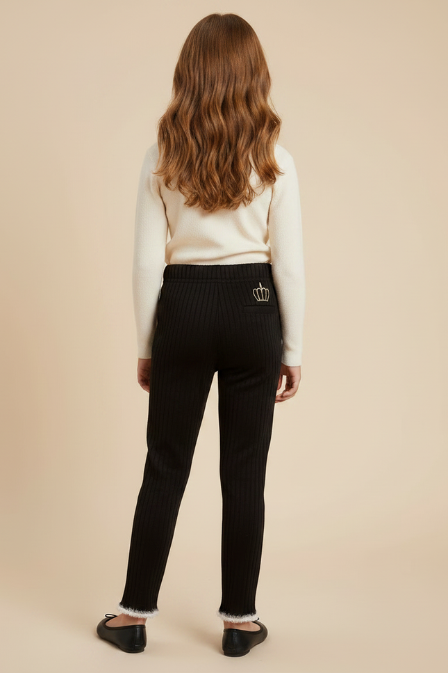 Pantalon Velours Noir Côtelé Brodé Couronne Fille - vue 2