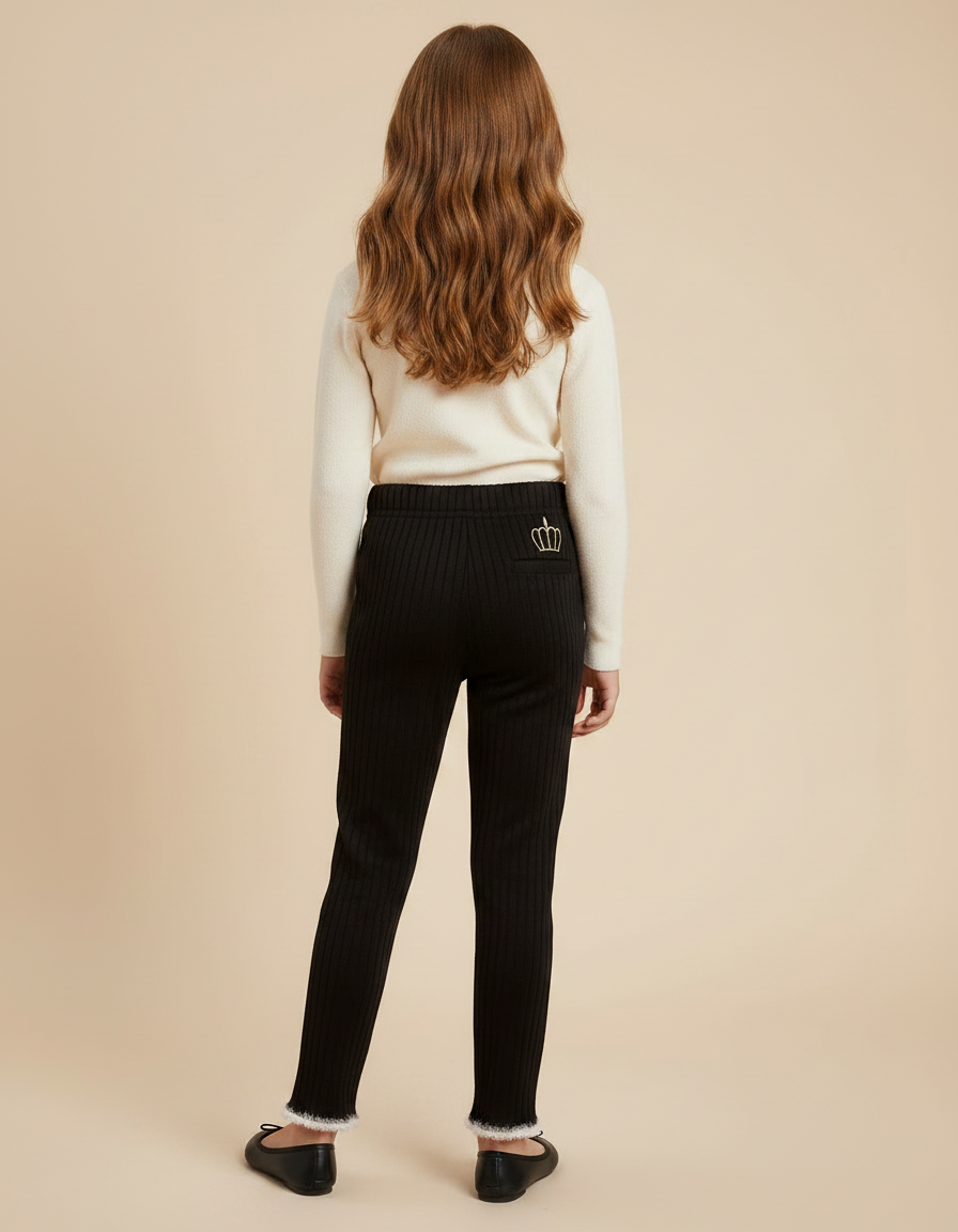 Pantalon Velours Noir Côtelé Brodé Couronne Fille - vue 2