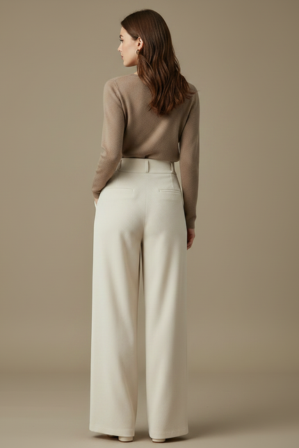 Pantalon Velours Large Crème Taille Haute Confortable - Beige Cordé - vue 2