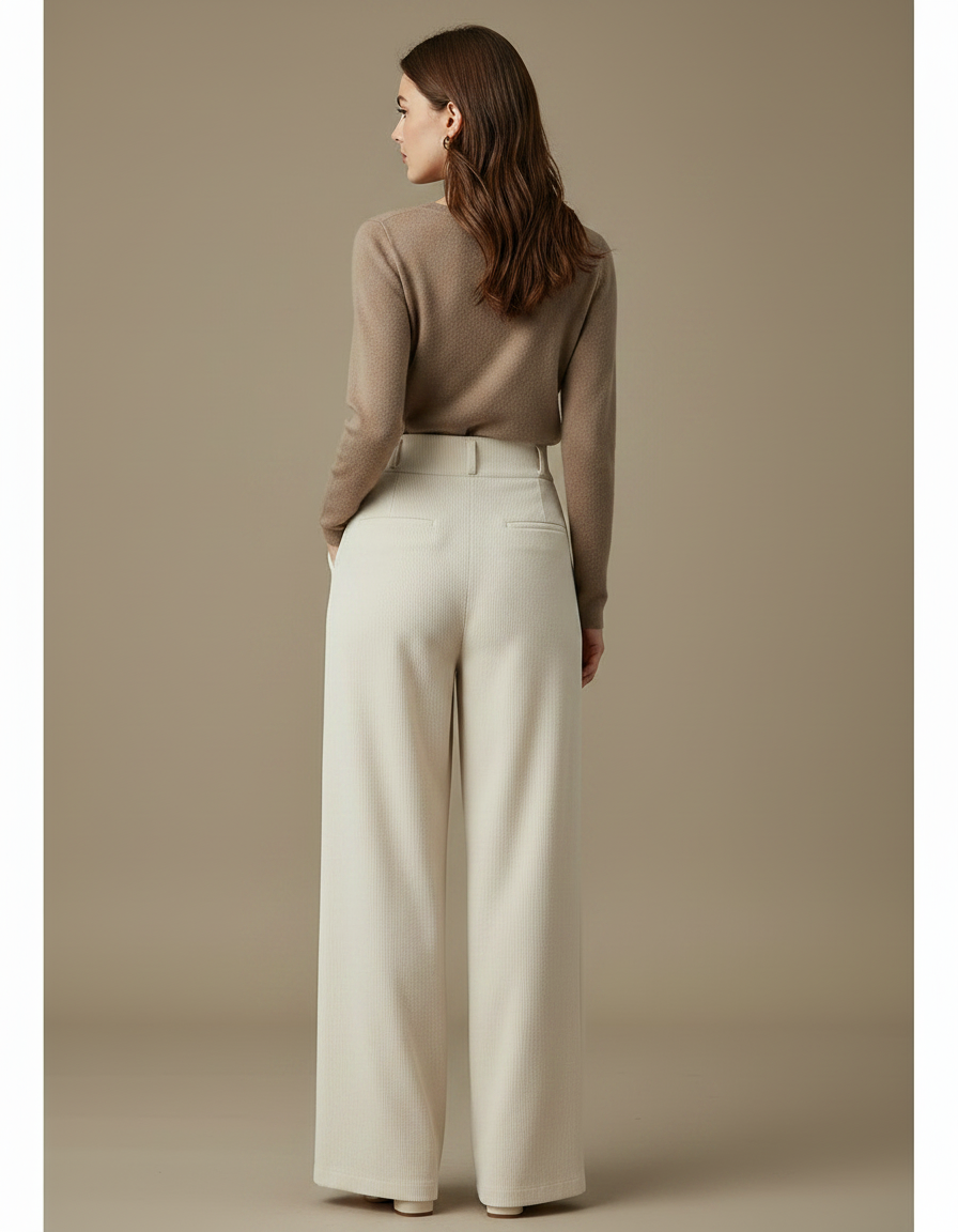 Pantalon Velours Large Crème Taille Haute Confortable - Beige Cordé - vue 2
